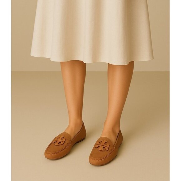 Tory Burch Brown ROYAL TAN ROLLED BRASS Loafers EVERLY DRIVER Leather Size 7.5 - Picture 1 of 12